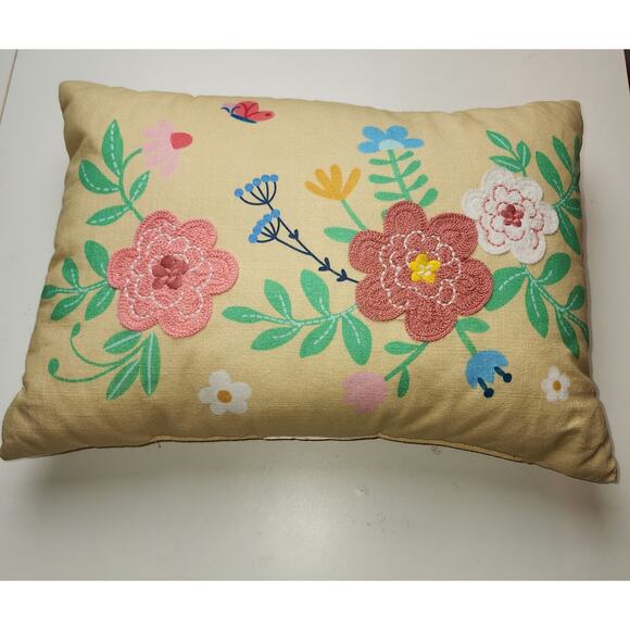Spritz Lumbar Floral Embroidered and printed Spring Cottage Throw Pillow 18x12 - Picture 1 of 5